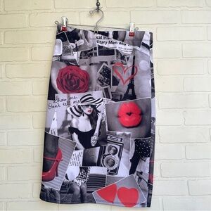 Vintage Y2K black & white & red magazine style midi pencil skirt